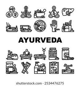 ayurveda equilíbrio de bem-estar ícones dosha definir vetor. vata pitta, kapha prana, meditação chakra, ervas ioga, detox, holística ayurveda equilíbrio de bem-estar dosha ilustrações contorno preto