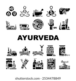 ayurveda equilíbrio de bem-estar ícones dosha definir vetor. vata pitta, kapha prana, meditação chakra, ervas ioga, detox, holística ayurveda equilíbrio de bem-estar pictograma dosha glifo Ilustrações