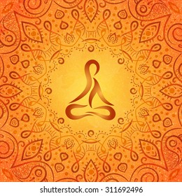 Ayurvedic Body In Frame Of Indian Style On Orange Background, Vector Illustration