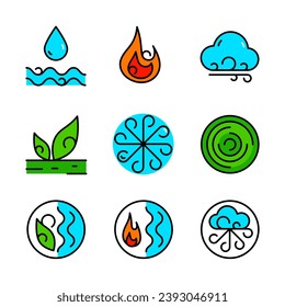 Color ayurvédico elementos agua, fuego, aire, tierra y éter iconos conjunto. Iconos vectoriales ayurvédicos simple estilo plano. Símbolos de elementos para la infografía ayurvédica.