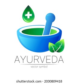 Lotipo o símbolo Ayurvedic Creative vector. Concepto de mortero y almirez para negocios, medicina, terapia, farmacia. Diseño de logotipo de hierbas para la etiqueta ayurveda. Simple tazón y gota, cruz, hojas.