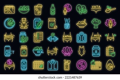 Ayurvedic diet icons set outline vector. Food eating. Cooking alternative neon color on black