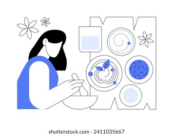Ayurvedic diet isolated cartoon vector illustrations. Young woman on ayurvedic diet, healthy and organic nutrition, food philosophy and practice, meal bowl, eating dosha vector cartoon.