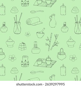 Ayurvedic doodles seamless pattern.  traditional Hindu treatment.  Indian massage, body care, health care, ayurvedic item set. Drawn herbal bags, aromatic oil, candle, aroma sticks, bamboo, and soaps.