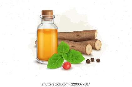  Ayurvedic Herb Ashwagandha sry sticks with oil and berry vector illustration