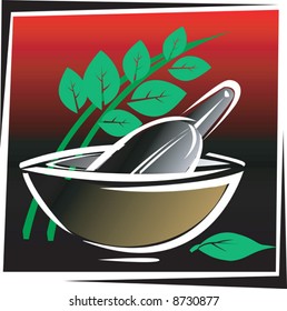 Ayurvedic herb and bowl used for preparing Ayurvedic medicine	