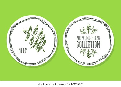 Ayurvedic Herb Collection. Handdrawn Illustration - Health and Nature Set. Natural Supplements. Ayurvedic Herb Label with Neem