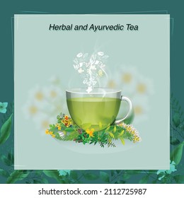 Ayurvedic And Herbal Tea Concept. Vector Illustration.