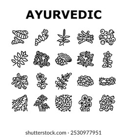 ayurvedic herbs medicine health icons set vector. nature ayurveda, mortar neem, basil, science plant, leaf, organic spices, care, cure ayurvedic herbs medicine health black contour illustrations