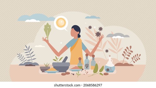 Ayurvedic medicine as alternative holistic body healing tiny person concept. Indian culture practice with herbs and spices eating for spiritual health, wellness and mindfulness vector illustration.