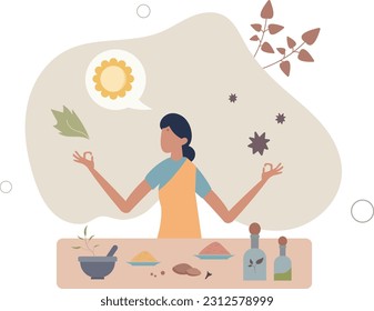 Ayurvedic medicine as alternative holistic body healing.Indian culture practice with herbs and spices eating for spiritual health.flat vector illustration.