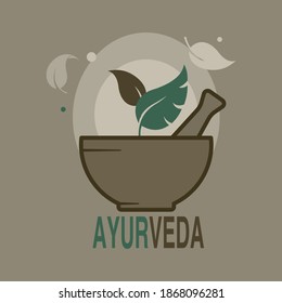 
Ayurvedic Medicine Crusher. Mortar and pestle with text AYURVEDA. Alternative medicine concept. Flat style illustration. 