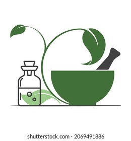 Ayurvedic mortar and pestle with green leaves and bottle. Alternative medicine concept. Flat style illustration. Isolated. 