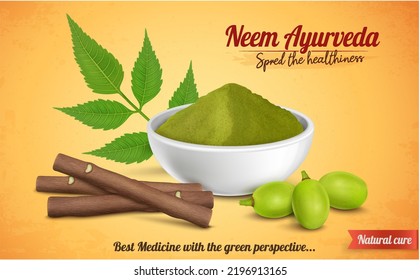 Ayurvedic Neem powder and neem fruit with leaves or neem chew sticks vector illustration svg