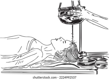 Ayurvedic oil treatment, a beautiful young woman receiving shirodhara, vector and illustration of shirodhara therapy, Indian ayurvedic clip art and symbol 