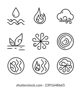 Elementos de contorno ayurvédico: íconos de agua, fuego, aire, tierra y éter. Iconos vectoriales ayurvédicos delgado estilo lineal. Símbolos de elementos para la infografía ayurvédica.