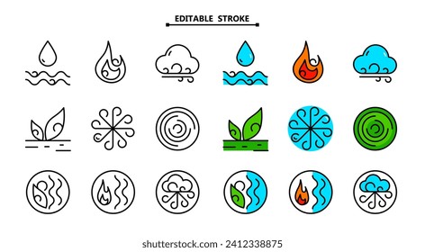 Elementos de contorno ayurvédico: íconos de agua, fuego, aire, tierra y éter. Trazo editable. Iconos vectoriales ayurvédicos delgado estilo lineal. Símbolos de elementos para la infografía ayurvédica.