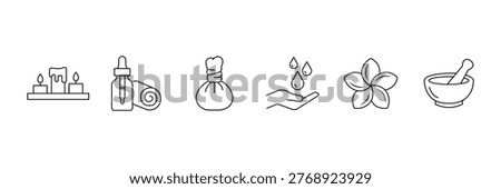 Ayurvedic spa and wellness collection featuring massage oil herbal pouch candles mortar pestle and frangipani flower icon vector illustration.