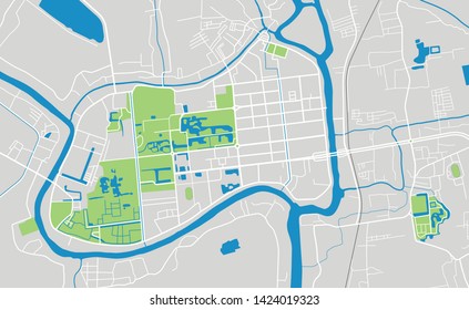 Ayutthaya City Vector Map in gray background contains road, highway, park, railway and river