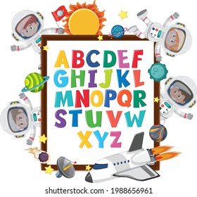 A-Z Alphabet board with kids in outer space theme illustration