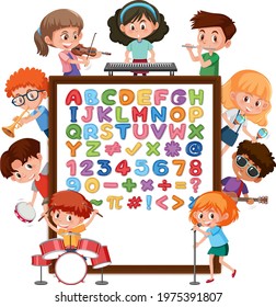 A-Z Alphabet board with many kids doing different activities illustration