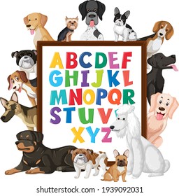 A-Z Alphabet board wih many different types of dogs illustration