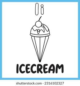 A-Z Alphabet Tracing And Coloring Pages. Letter I For Ice Cream. Kids Activity English Word Learning Vector Illustration Coloring Pages For Coloring Book
