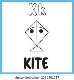 A-Z Alphabet Tracing And Coloring Pages. Letter K For Kite. Kids Activity English Word Learning Vector Illustration Coloring Pages For Coloring Book
