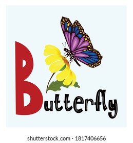  A-Z Animal Alphabet, the name of the animal and the image. Vector insects. Butterfly flat illustration.