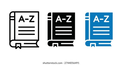 A-Z book icon and alphabetical dictionary vector. Education symbol for vocabulary learning, library research, encyclopedia archives, and literary reference. Vector Illustration.