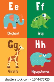 A-Z colourful flash cards, English alphabet with pet and wild animals for happy learning kids and education in nursery, words of letters EFGH.