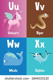 A-Z colourful flash cards, English alphabet with pet and wild animals for happy learning kids and education in nursery, words of letters UVWX.