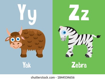 A-Z colourful flash cards, English alphabet with pet and wild animals for happy learning kids and education in nursery, words of letters YZ.