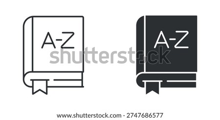  A-Z dictionary book reference outline and solid silhouette icon set. Vector illustration.