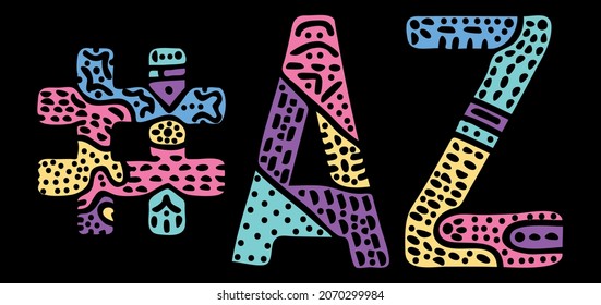 Etiqueta de AZ. Las letras de doodle de curvas aisladas brillantes multicolores. La etiqueta #AZ es abreviatura del estado norteamericano de Arizona para redes sociales, recursos web, aplicaciones móviles.