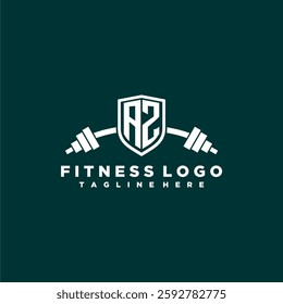 AZ initial monogram for fitnes or gym logo with creative shield and barbell design