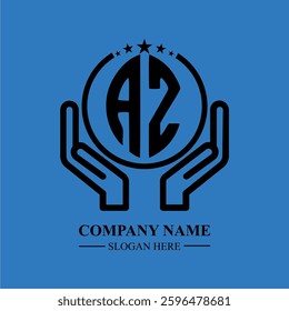 AZ initials held within hands, symbolizing trust and protection. The circle represents unity, while stars highlight excellence and ambition.