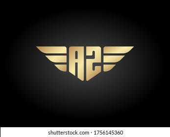 Letra AZ Escudo con logotipo con alas de color oro vectorial sobre fondo negro