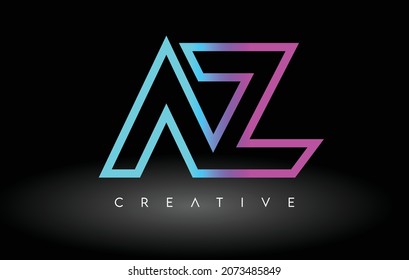 AZ Neon Purple Blue Letters Logo Design. AZ Outline Letter Icon Vector on Black Background Illustration