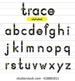 A-Z rounded lowercase trace alphabet design for learning handwriting. Vector Illustration.