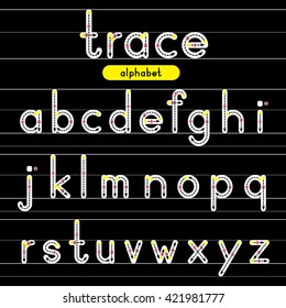  A-Z rounded lowercase trace alphabet design for learning handwriting with dark background. Vector Illustration.