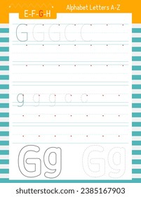 A-Z tracing worksheet to teach kids handwriting practice with uppercase and lowercase letter G. Lined worksheet for kids workbook. Vector illustration.