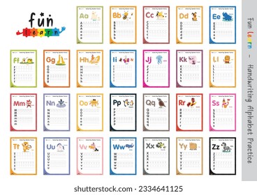 A-Z uppercase lowercase trace alphabet design for learning handwriting. A4 Printable Vector Illustration. worksheet with clip art for preschool kindergarten kids to improve basic writing skills svg