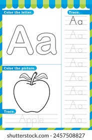 A-Z uppercase lowercase trace alphabet design for learning handwriting. A4 Printable Vector Illustration. worksheet with clip art for preschool kindergarten kids to improve basic writing skills, color