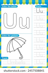 A-Z uppercase lowercase trace alphabet design for learning handwriting. A4 Printable Vector Illustration. worksheet with clip art for preschool kindergarten kids to improve basic writing skills, color