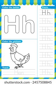 A-Z uppercase lowercase trace alphabet design for learning handwriting. A4 Printable Vector Illustration. worksheet with clip art for preschool kindergarten kids to improve basic writing skills, color