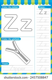 A-Z uppercase lowercase trace alphabet design for learning handwriting. A4 Printable Vector Illustration. worksheet with clip art for preschool kindergarten kids to improve basic writing skills, color