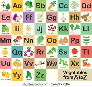 A-Z vegetables  alphabet set for kids, Vector illustration 