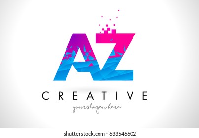 AZ A Z Letter Logo with Broken Shattered Blue Pink Triangles Texture Design Vector Illustration.