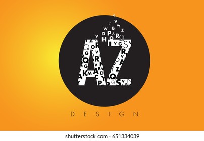 AZ A Z Logo Design Made of Small Letters with Black Circle and Yellow Background.